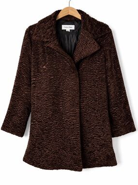 Calvin Klein Women's Brown Faux Fur Coat Medium Timeless Classic Staple Elevated